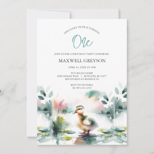 Schattigee Waterverf Duck Kind verjaardagsuitnodig Kaart (Voorkant)