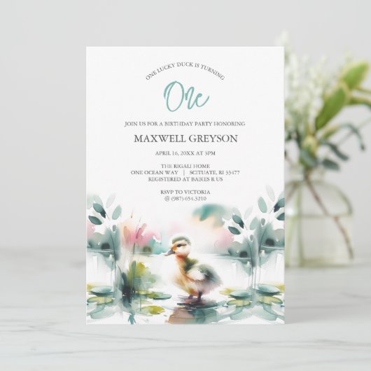 Schattigee Waterverf Duck Kind verjaardagsuitnodig Kaart (Staand voorkant)