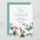 Schattigee Waterverf Duck Kind verjaardagsuitnodig Kaart (Voorkant / Achterkant)