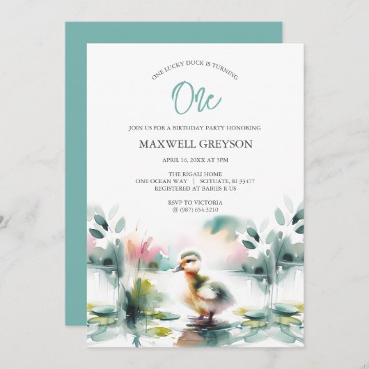 Schattigee Waterverf Duck Kind verjaardagsuitnodig Kaart (Voorkant / Achterkant)