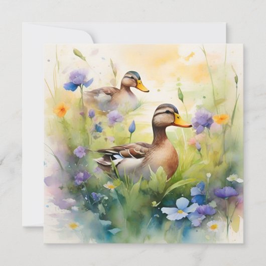Schattigee Waterverf Duck N Wildflower Blank Kaart (Voorkant)