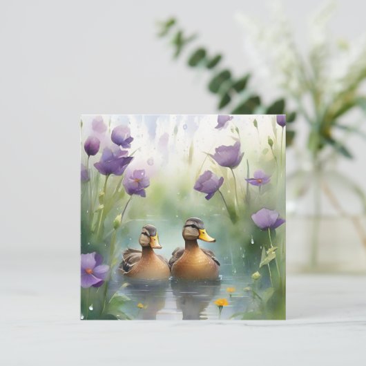 Schattigee Waterverf Duck N Wildflower Blank Kaart (Staand voorkant)