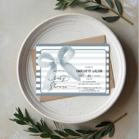 Schattigee Waterverf Dusty Blue Bow Baby shower Kaart