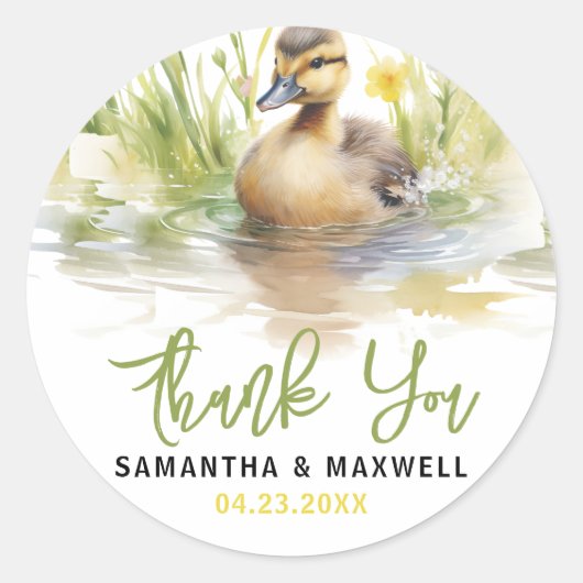 Schattigee Waterverf eend baby jongen douche Ronde Sticker (Voorkant)