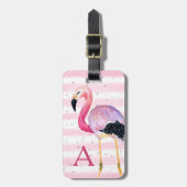 Schattigee Waterverf Flamingo Monogram Roze Streep Bagagelabel (Voorkant verticaal)