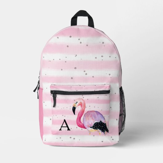 Schattigee Waterverf Flamingo Monogram Roze Streep Bedrukte Rugzak (Voorkant)