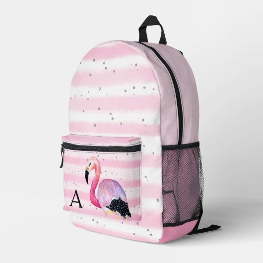 Schattigee Waterverf Flamingo Monogram Roze Streep Bedrukte Rugzak (Achterkant Hoek Rechts)