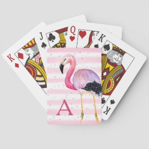 Schattigee Waterverf Flamingo Monogram Roze Streep Pokerkaarten
