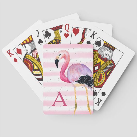 Schattigee Waterverf Flamingo Monogram Roze Streep Pokerkaarten (Achterkant)