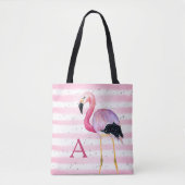 Schattigee Waterverf Flamingo Monogram Roze Streep Tote Bag (Voorkant)