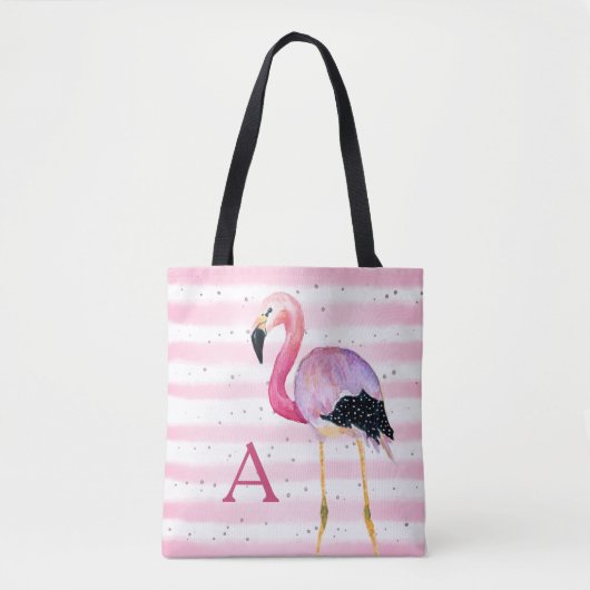 Schattigee Waterverf Flamingo Monogram Roze Streep Tote Bag (Voorkant)