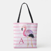 Schattigee Waterverf Flamingo Monogram Roze Streep Tote Bag (Achterkant)