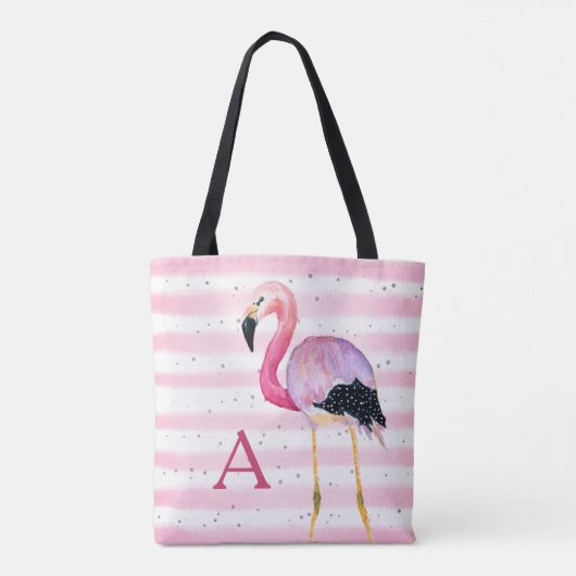 Schattigee Waterverf Flamingo Monogram Roze Streep Tote Bag (Achterkant)