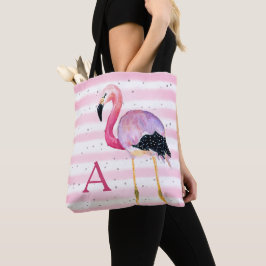 Schattigee Waterverf Flamingo Monogram Roze Streep Tote Bag