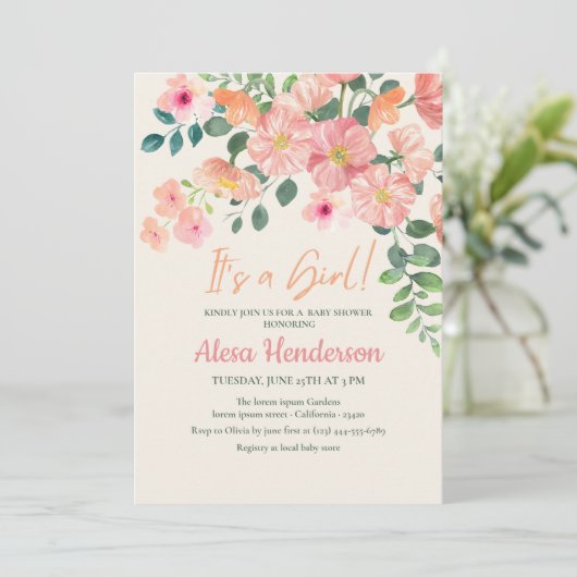 Schattigee waterverf floral boho chic meisje baby  kaart (Staand voorkant)