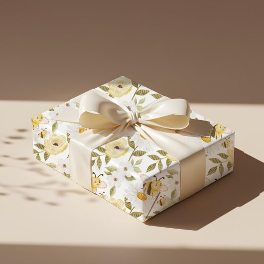 Schattigee Waterverf Floral Gebreide Honingbijenpa Cadeaupapier