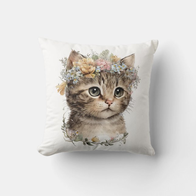Schattigee Waterverf Floral Kitten Kussen (Voorkant)