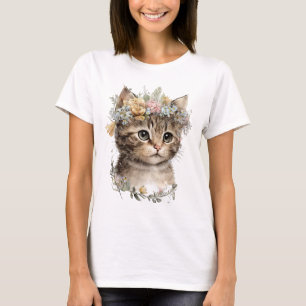 Schattigee Waterverf Floral Kitten T-shirt