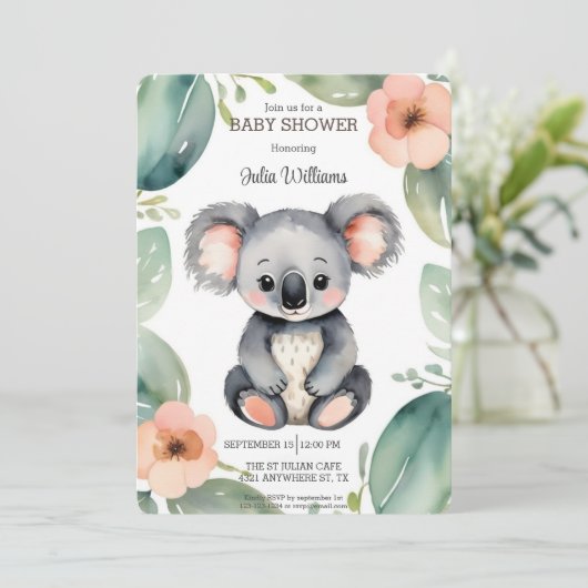 Schattigee Waterverf Floral Koala Baby shower Kaart (Staand voorkant)