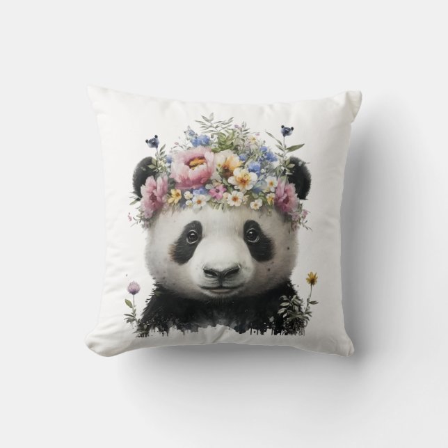 Schattigee Waterverf Floral Panda Kussen (Voorkant)
