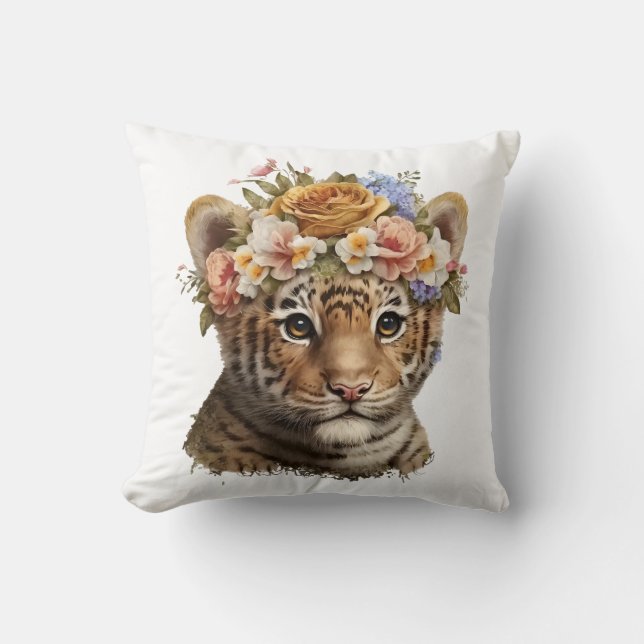 Schattigee Waterverf Floral Tiger Kussen (Voorkant)
