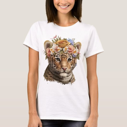 Schattigee Waterverf Floral Tiger T-shirt (Voorkant)