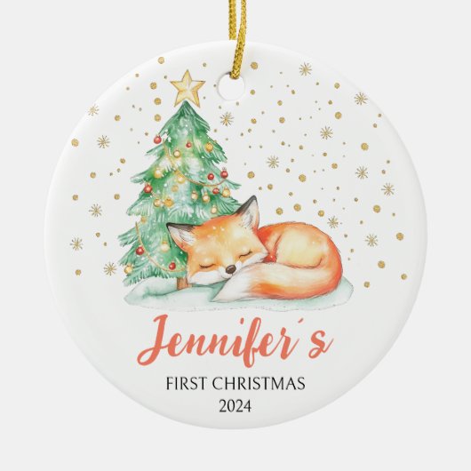Schattigee Waterverf Fox Custom Baby Eerste Kerst Keramisch Ornament (Voorkant)