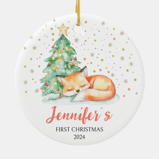 Schattigee Waterverf Fox Custom Baby Eerste Kerst Keramisch Ornament (Achterkant)