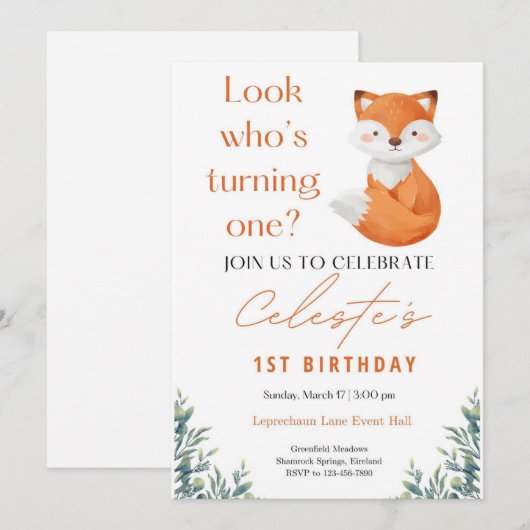 Schattigee Waterverf Fox eerste verjaardag Kaart (Voorkant / Achterkant)