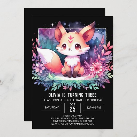 Schattigee Waterverf Fox Verjaardag digitaal Kaart (Voorkant / Achterkant)