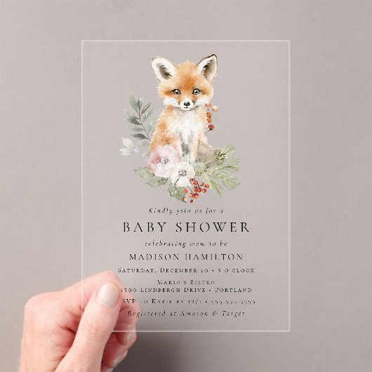 Schattigee Waterverf Fox Winter Baby shower Acryl Uitnodigingen (Insitu (Draagbaar))