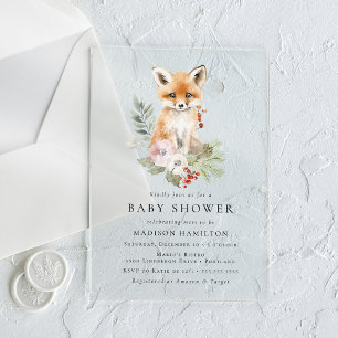 Schattigee Waterverf Fox Winter Baby shower Acryl Uitnodigingen