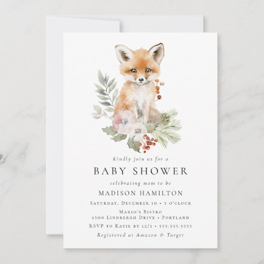 Schattigee Waterverf Fox Winter Baby shower Kaart (Voorkant)