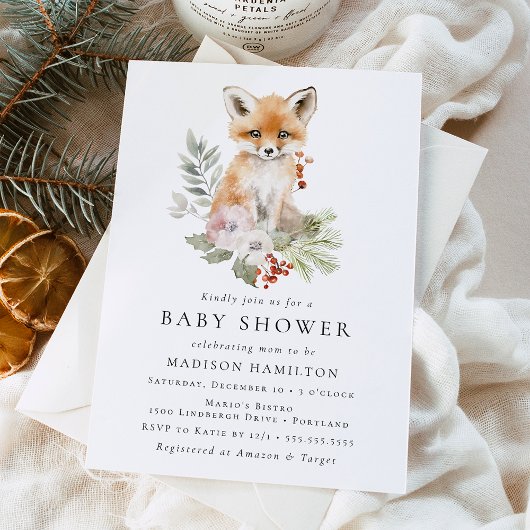 Schattigee Waterverf Fox Winter Baby shower Kaart