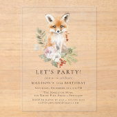 Schattigee Waterverf Fox Winter Verjaardagsfeestje Acryl Uitnodigingen (Voorkant)