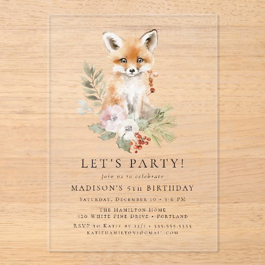 Schattigee Waterverf Fox Winter Verjaardagsfeestje Acryl Uitnodigingen (Voorkant)