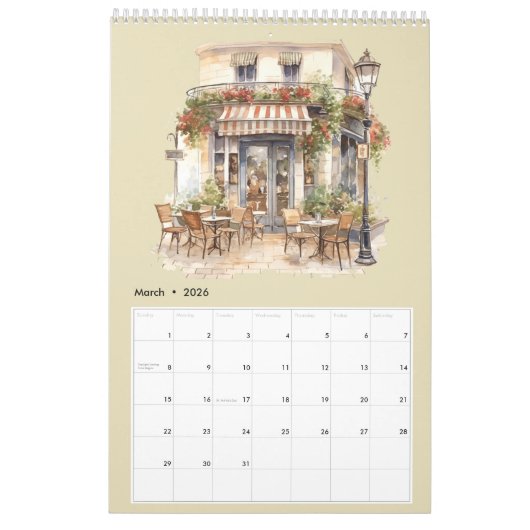 Schattigee Waterverf Frans Café Paris Bistro Maand Kalender (Mar 2026)