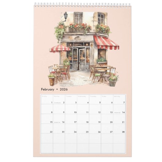 Schattigee Waterverf Frans Café Paris Bistro Maand Kalender (Feb 2026)