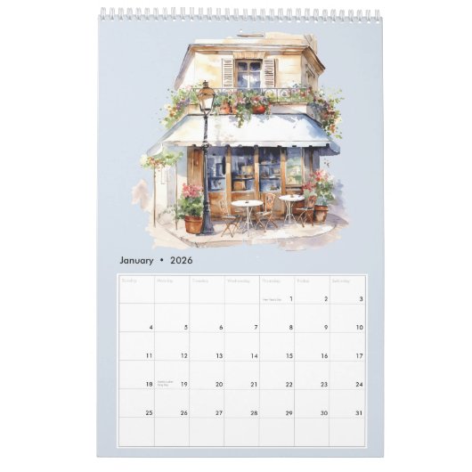 Schattigee Waterverf Frans Café Paris Bistro Maand Kalender (Jan 2026)