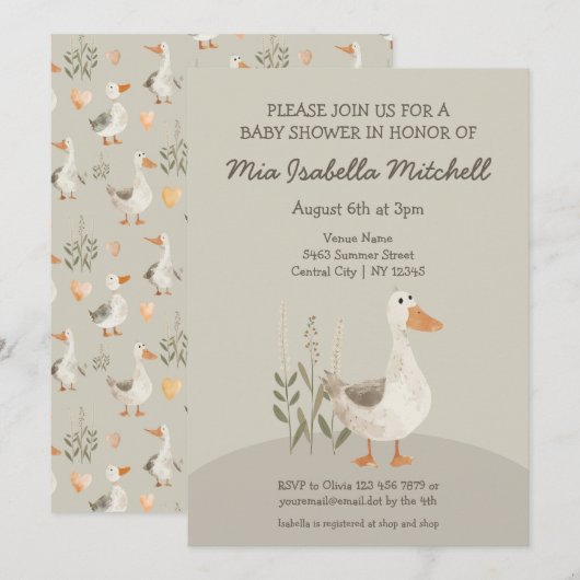 Schattigee Waterverf Gans Baby shower Invitation Kaart (Voorkant / Achterkant)