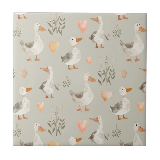 Schattigee Waterverf Ganzenpatroon Keramische Tege Tegeltje (Voorkant)