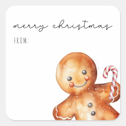 Schattigee Waterverf Gingerbread Man | Vrolijk ker Vierkante Sticker (Voorkant)