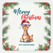 Schattigee waterverf giraffe Kerstman Vrolijk Kers Vierkante Sticker (Voorkant)