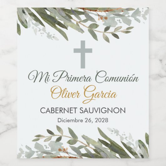 Schattigee Waterverf Groen Spaans Eerste Communie Wijn Etiket (Enkel label)