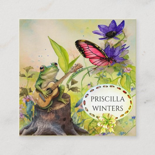 Schattigee Waterverf Guitar Frog Butterfly Vierkante Visitekaartje (Voorkant)