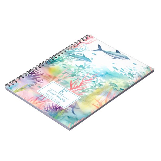 Schattigee Waterverf Haai Kleurrijke Oceaan Monogr Notitieboek (Linkerzijde)