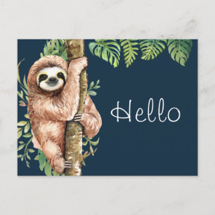 Schattigee Waterverf Hallo Sloth & Tropical Leaves Briefkaart