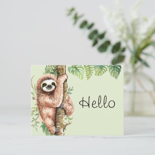 Schattigee Waterverf Hallo Sloth & Tropical Leaves Briefkaart (Staand voorkant)