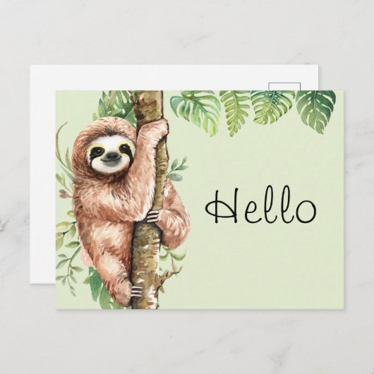 Schattigee Waterverf Hallo Sloth & Tropical Leaves Briefkaart (Voorkant / Achterkant)