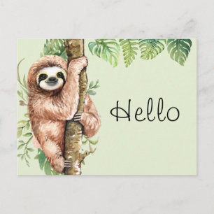 Schattigee Waterverf Hallo Sloth & Tropical Leaves Briefkaart
